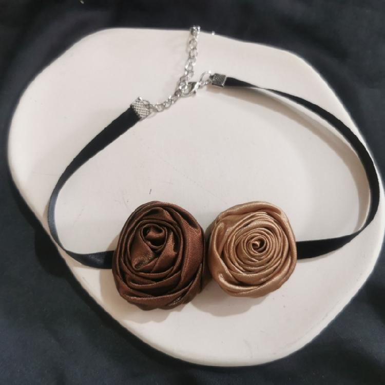 Soft Brown Flower Choker Tie Cravat Accessory Teen Girl Rose Flower Choker