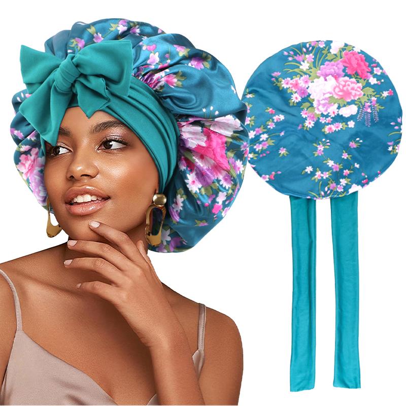 

New Flower print Silky Bonnet For Sleeping Satin Hair Bonnet With Tie Band Hair Cover Night Shower Cap For Natural Curly Hair One Size чирковый