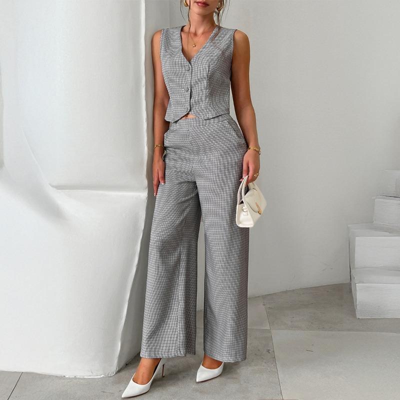 Women's checkered cardigan suit vest wide-leg trousers suit women's clothing