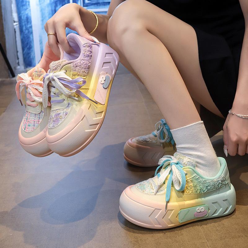 2025 spring and autumn new color matching bread shoes women's round head thick baseplate shoes fashion front lace-up casual shoes