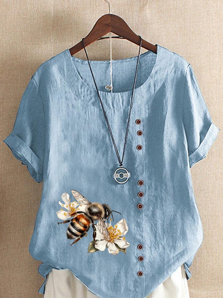 Women's Fashion Bee Flower Print Shot Sleeve T-shirt Loose Cotton Shirt Casual Loose Summer Blouse Tops Plus Size