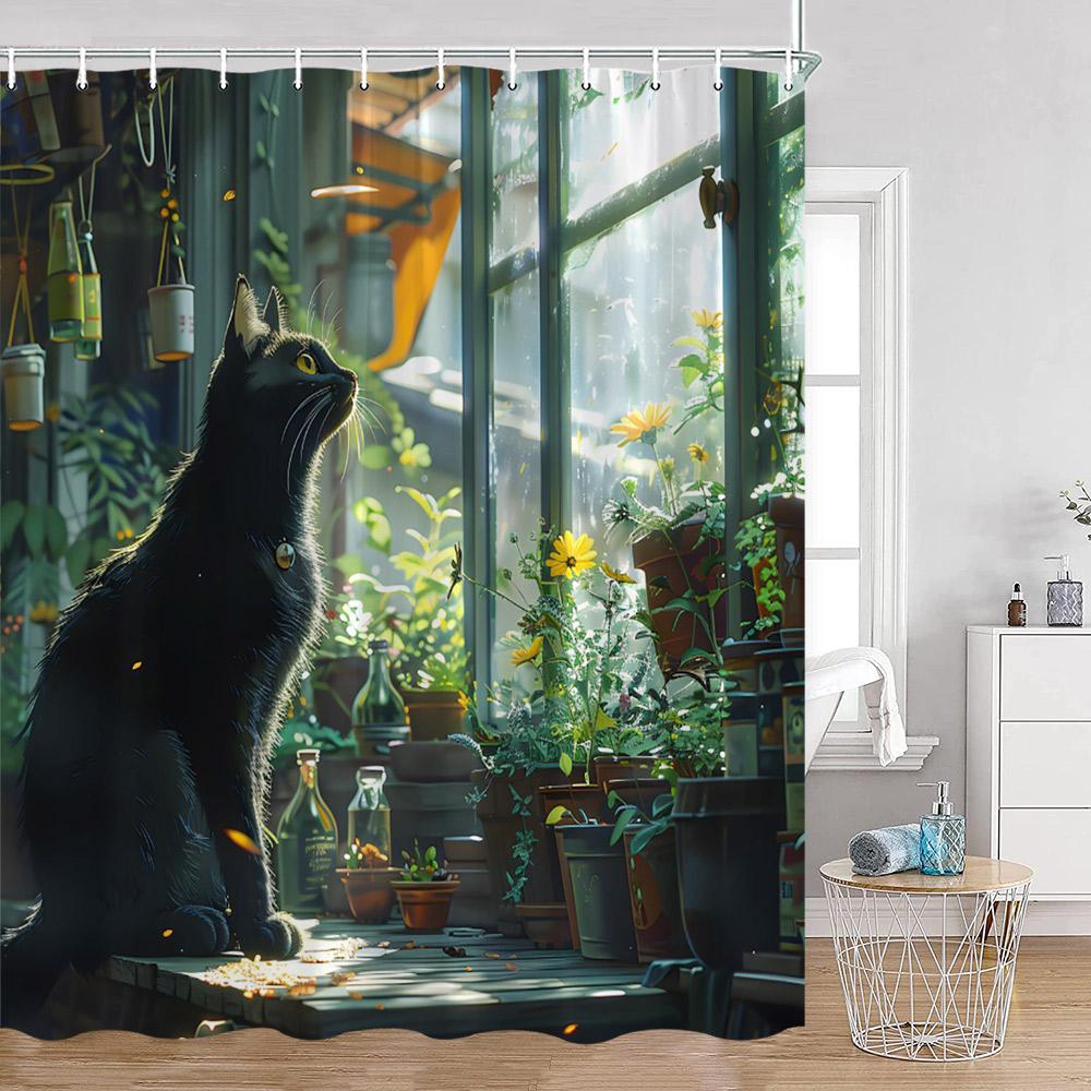 Grappige Katten Douchegordijn Katten Rijden op Haaien Cool Schattige Katten Honden Bloemen Zomer Badkamer Decoraties Polyester Badgordijn