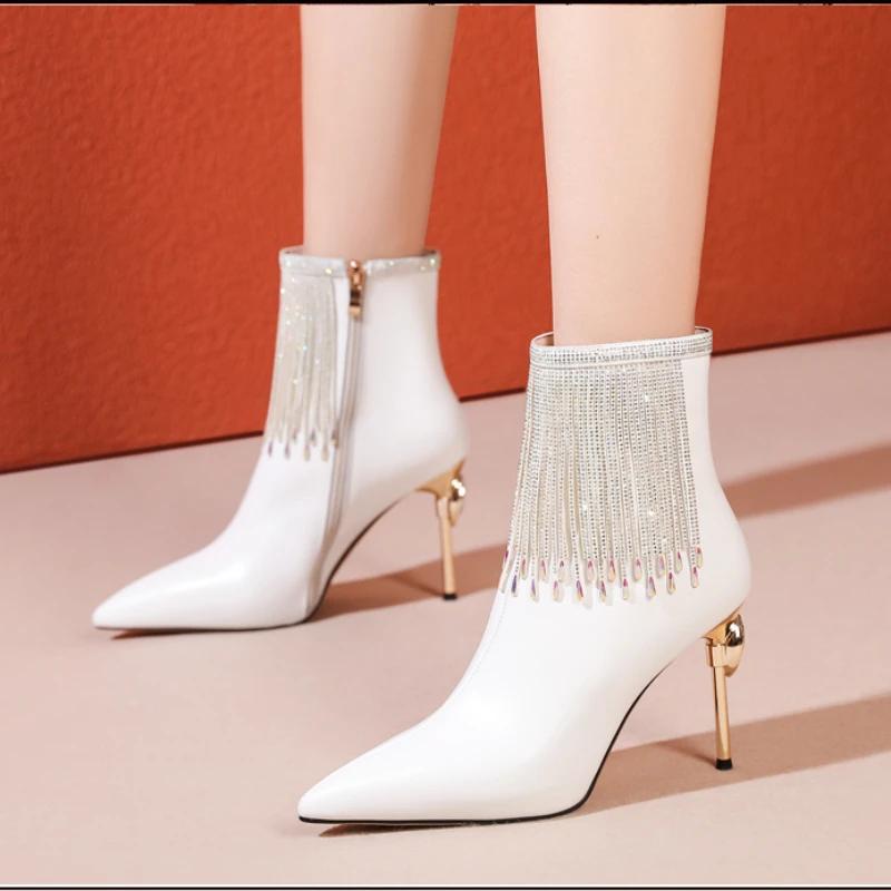 NEU Damen Stiefeletten Spitzzehe Hohe Absätze Quaste Schwarz Stilettos Mode Winter Party Abendschuhe Groß Mode