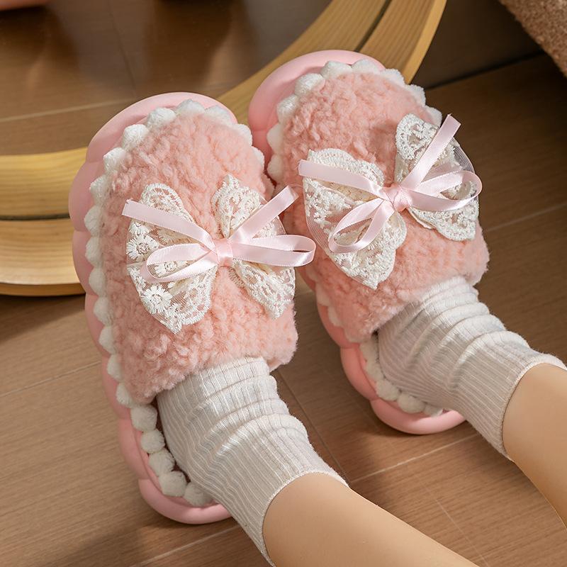 Winter Warm Fur Slippers For Women Thick-Soled Household Slippers Cute Bow Non Slip Soft Home Shoes Indoor Plush Women's Slipper