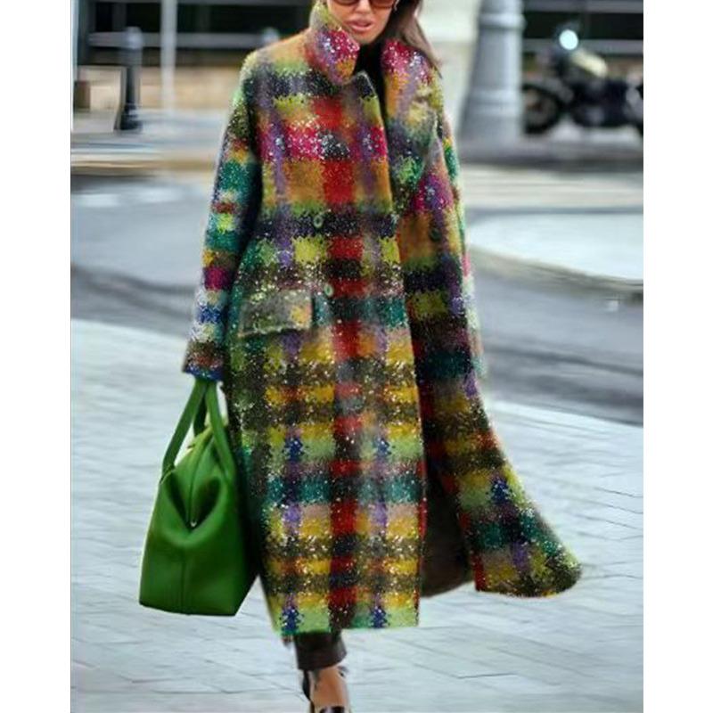 

Осенняя женская одежда, разноцветная клетчатая куртка с длинными рукавами и лацканами 5xl