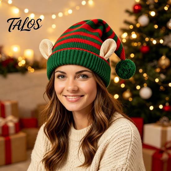 Striped Christmas Hat Elf with Ears And Pom Pom, Knitted Holiday Costume Props for Adults Santa Hat, Soft Warm Kids, Party Comfortable Knit Cap Winter