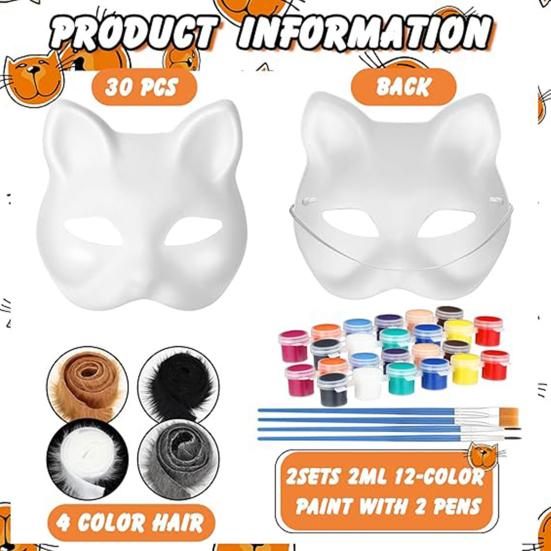 20 Pcs Face Cushion Kit Fox Cat Face Cushion DIY Halloween Masquer Set with Paint And Brush Make-up Party Prop for Dancing Party