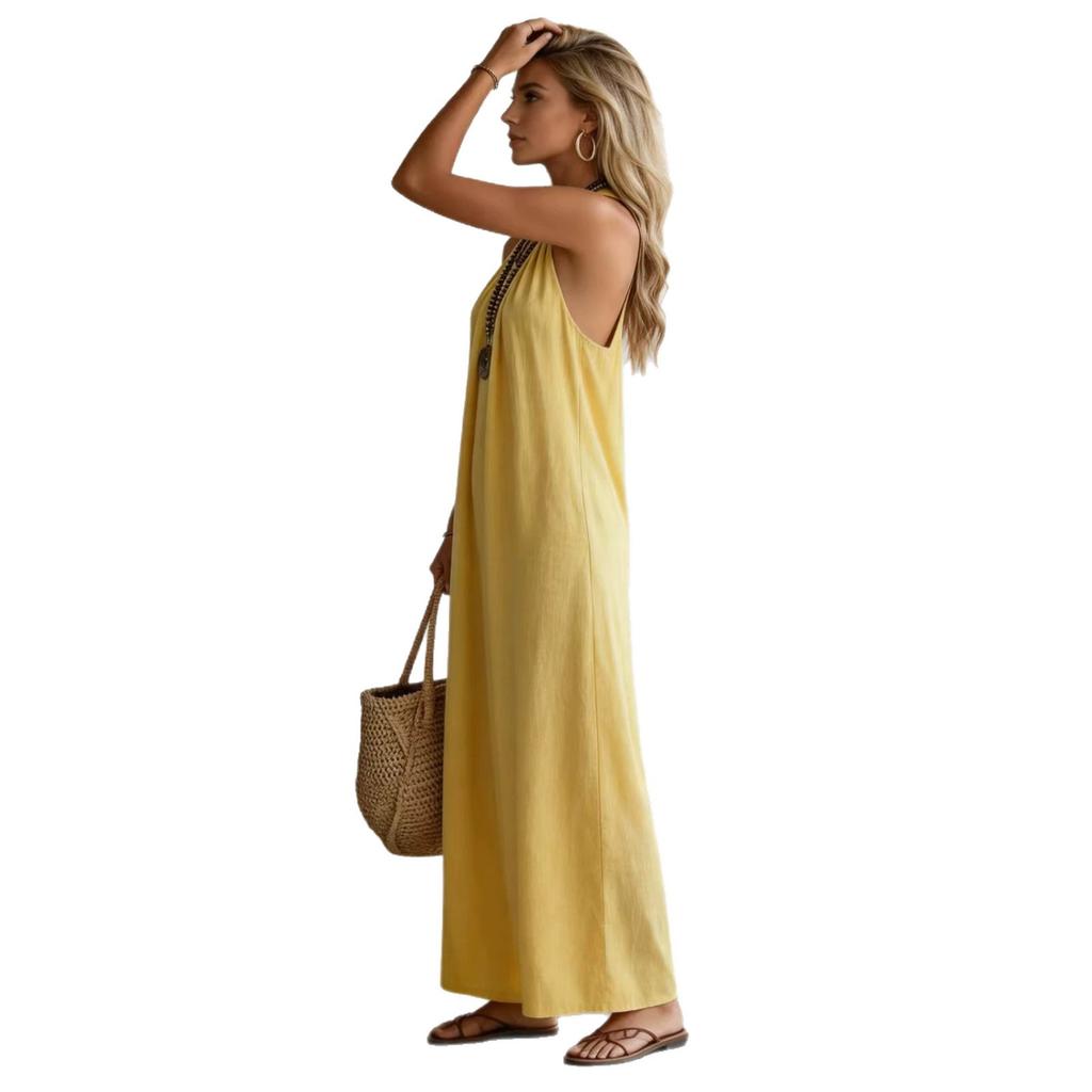 Maxi Abito in Lino con Scollo all'americana Senza Maniche, Schiena Scoperta Ampio Svasato con Tasche Vestito Estivo, Leggero Monocromatico Outfit Casual per Spiaggia Resort Vacanza Uso Quotidiano