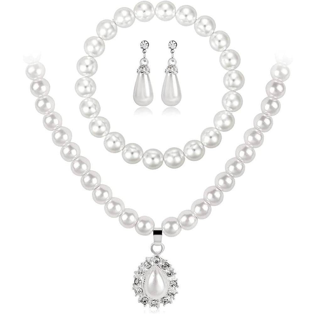 

Fashion Pearl Necklace and Earrings Set , French Style Three - piece Jewelry Set for Women , Light Design set 1