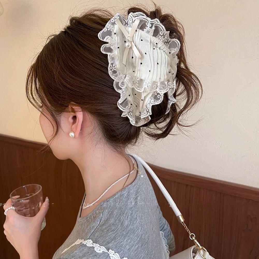 Creative Polka Dot Cloth Triangle Hair Claw Heart Bowknot Bow Hair Clip Fabric Headdress Pearl Hairpin Girl