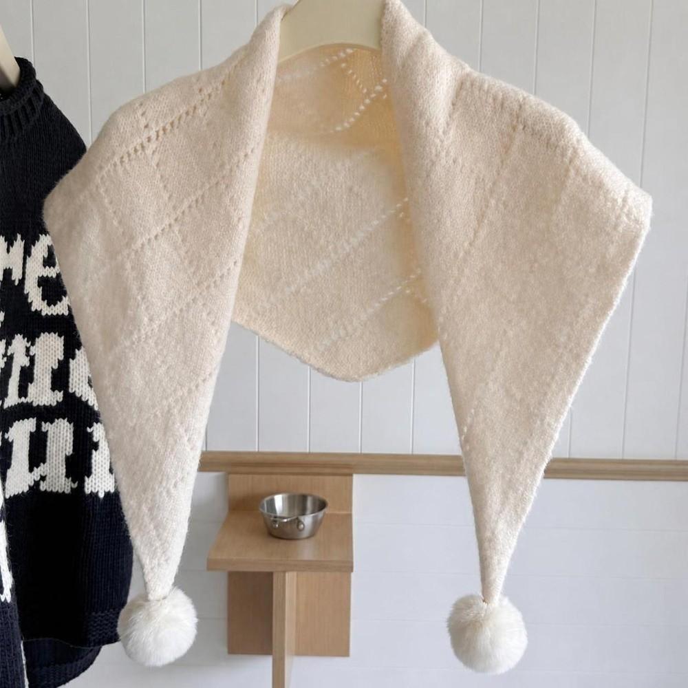 Soft Knitted Triangle Shawl with Pom Poms Yarn Shoulder Wrap Winter Neck Scarf  Daily Casual Wear