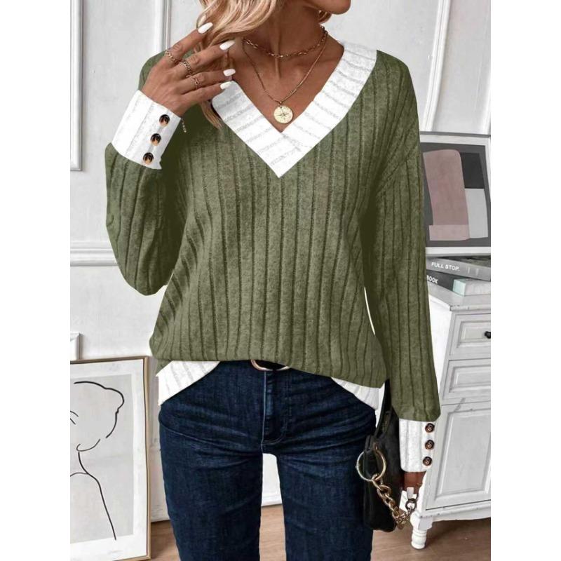 Women S Casual V Neck Solid Color Long Sleeve T Shirt With Splice