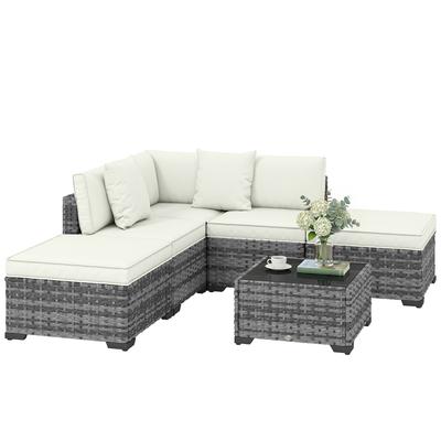 6-Piece Garden Furniture In Rattan and Steel with Sofa, Coffee Table and Cushions, Grey