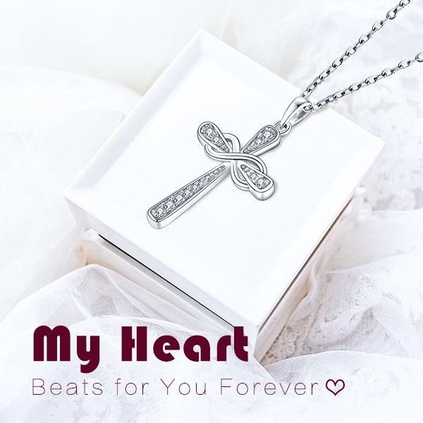 Sterlingsilber S925 Kreuz Halskette mit Schleife Zirkon Anhänger für Damen - Trendiges Schmuck Accessoire