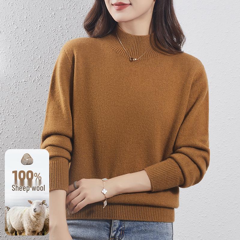 Women's Light Luxury Wool Pullover – Half-High Collar, Thick Knit, Loose Fit, 100% Wool, Perfect for Autumn/Winter.