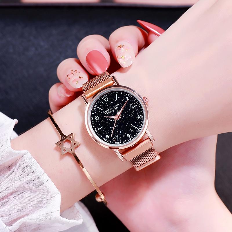 Fashionable Trendy Ladies' Night Light Watch Decorative Quartz Dial Casual Style Rose Gold Starry Sky Dial Non-waterproof