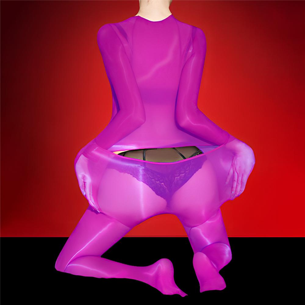 Sexy Women Cosplay Maid Tights Oil Glossy Shiny Bodysuit 5D Thin Silky Jumpsuit Back Put On Shaping Leotard Candy Color