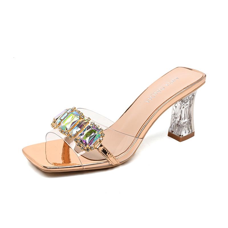 Fashion Summer Glitter Slides Shoes Women Slippers Outdoor Heeled Mules Low Jelly 2024 High Thin Basic Rubber Crystal Rome Shoes