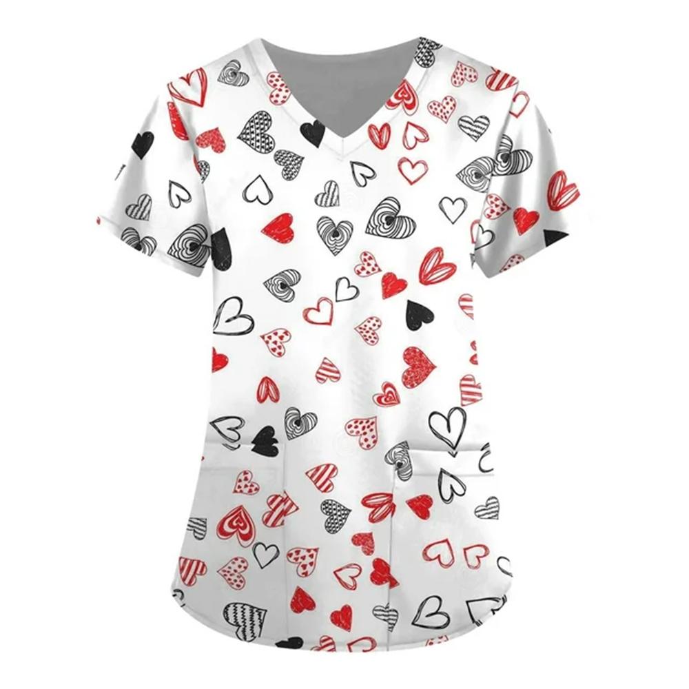 Nurse Uniform Women Valentines Day Love Print Gradient Short Sleeve Pocket Work Shirt Tunics Uniform Medical Nursing Scrubs Tops