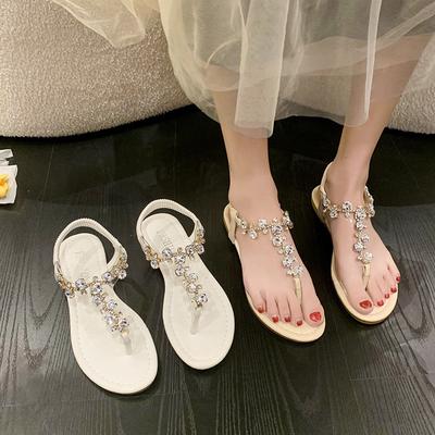 Fashion Women Flat Sandals Fashion Rhinestone T-strap Sandals Summer Pinch Toe Beach Shoes for Women Roman Style Sandals Sandalias Mujer