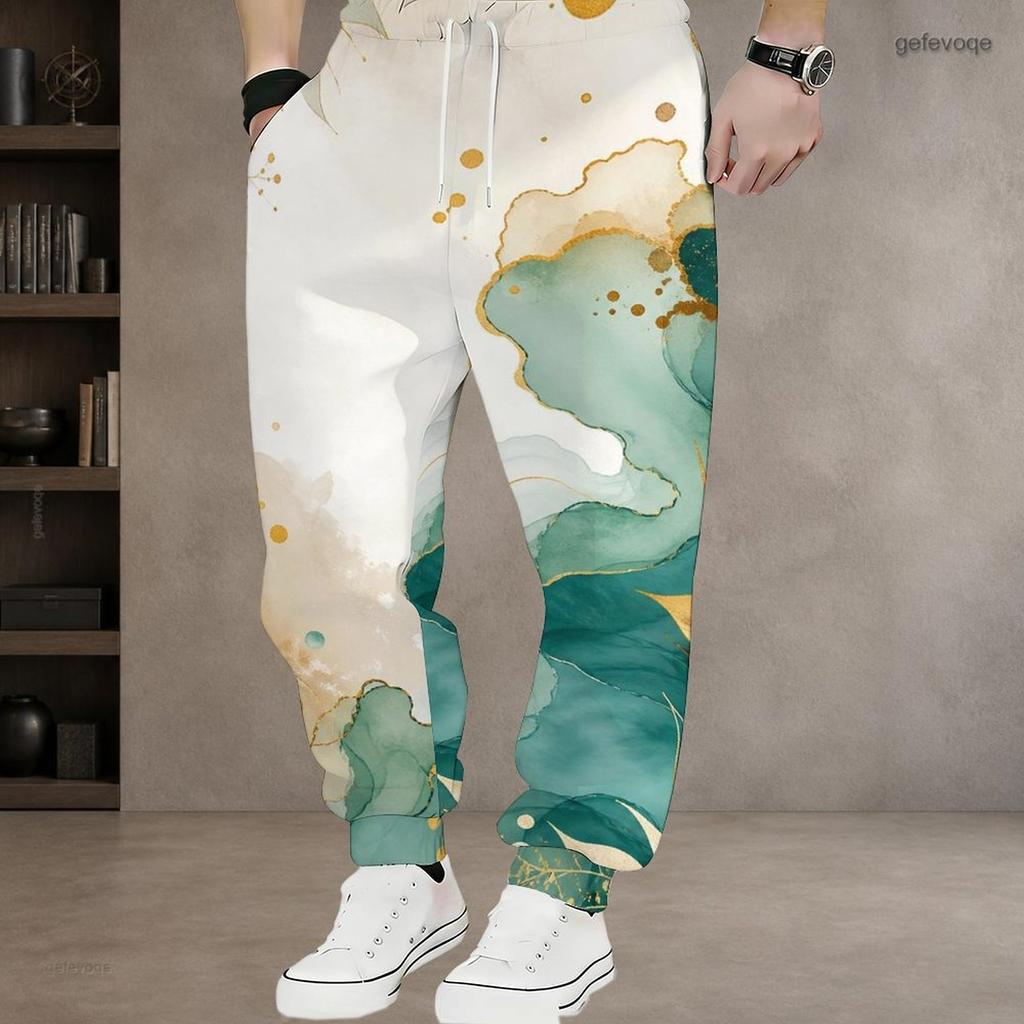 Men S Plus Size Blue Gold Printed Drawstring Waist Side Pockets Cuffed Ankle Jogger Pants