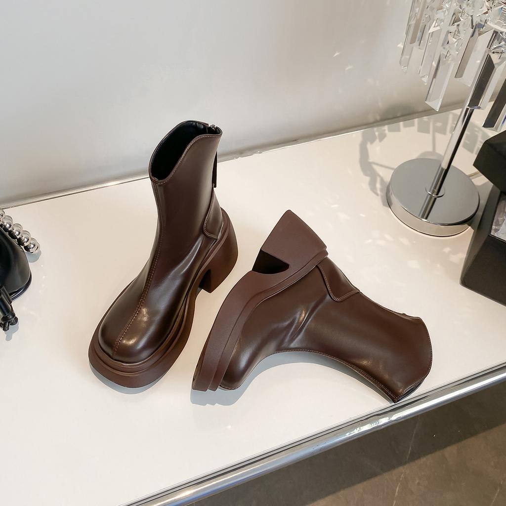 Französische Stiefeletten für Damen, dicker Absatz, dicke Sohle, erhöht, Reißverschluss hinten, Martin-Stiefel mit V-Ausschnitt, weiß, mittelhoch, kurze Stiefel