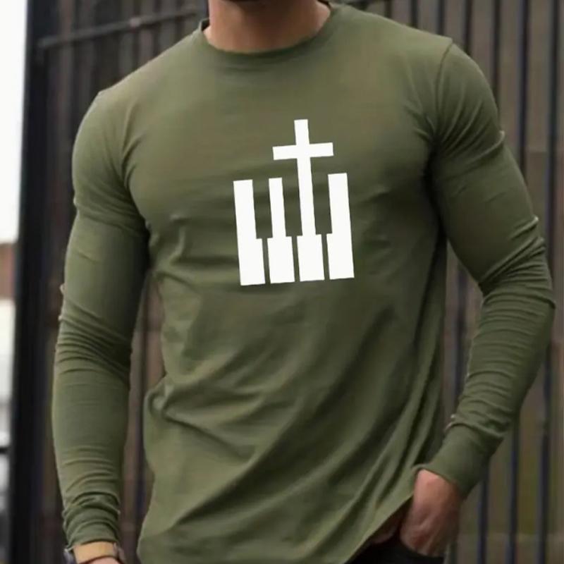 Personality Cross Print Men's Tshirts Long Sleeve Tees Round Neck Casual Pullover Men's Clothing Plus Size