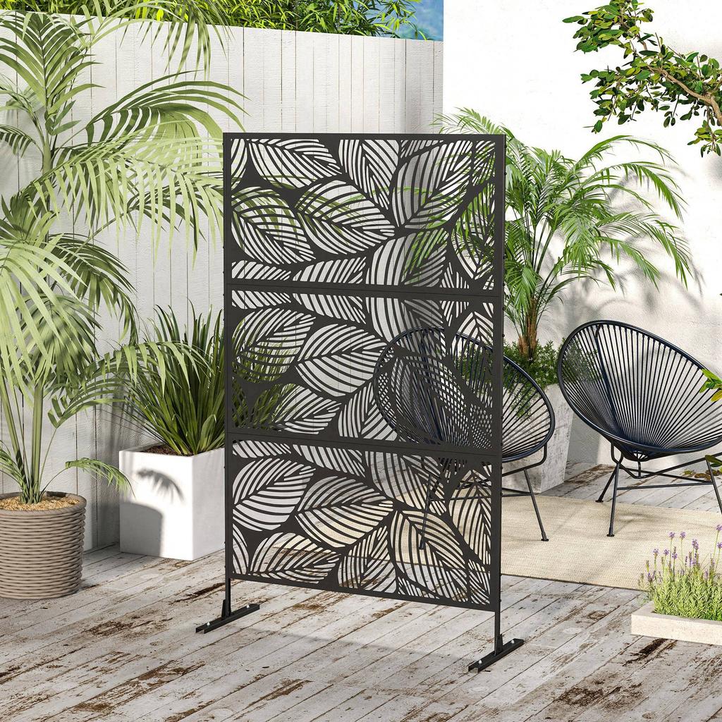 Metal Decorative Privacy Screen Outdoor Divider, Black Leaf