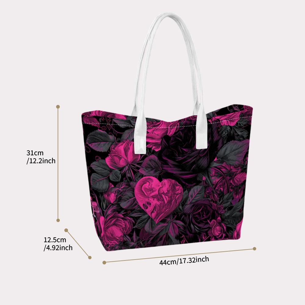 Gothic Rose Heart Pattern Shoulder Tote Portable Daily Use Bag for Women