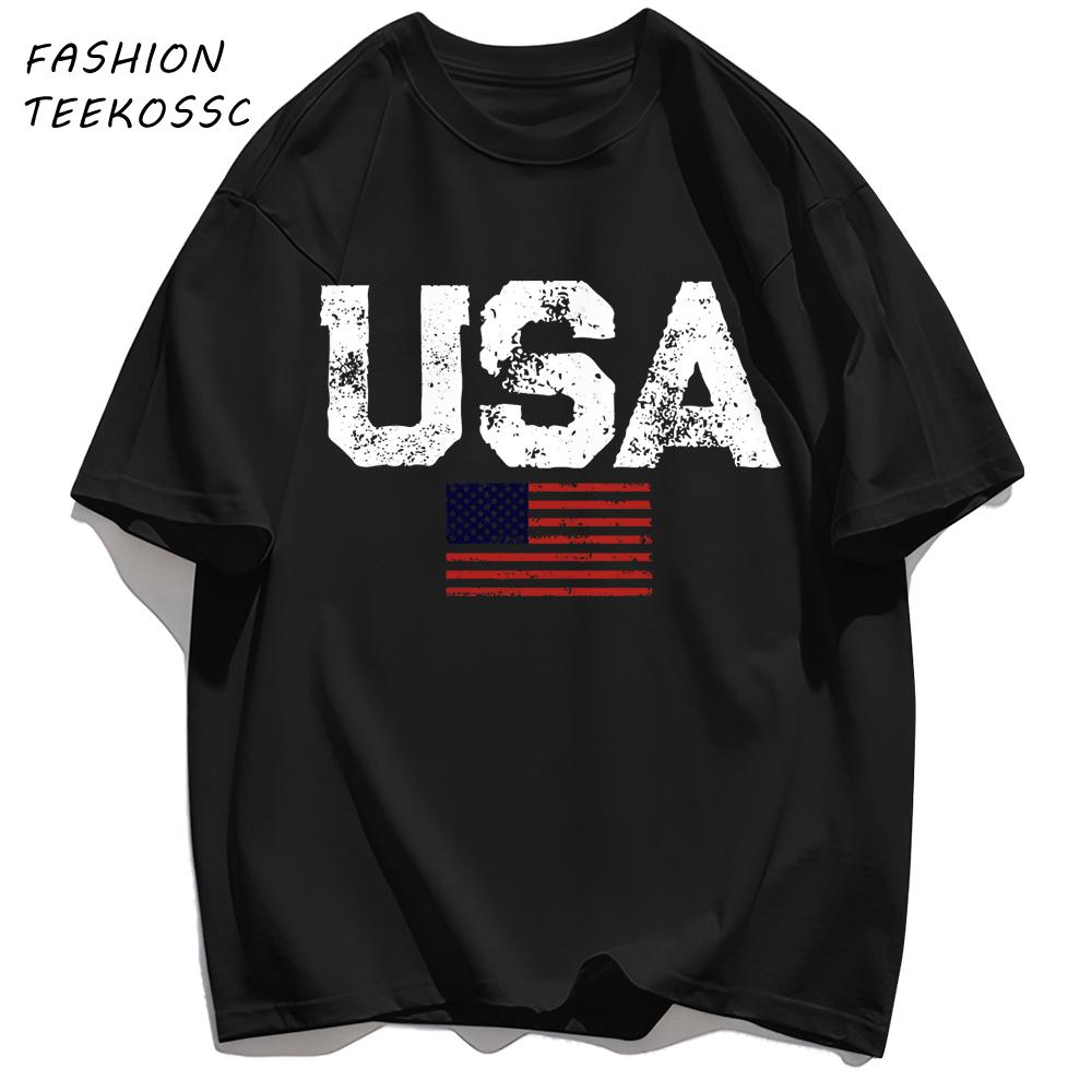 Usa Letter American Flag Printing TShirt Men Cotton Crewneck T Shirts Summer Loose Clothes Multicolor Trendy Short Sleeve