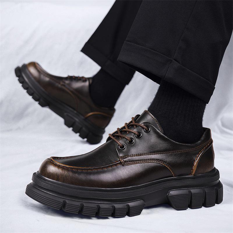 Men's Spring Casual Leather Derby Shoes with Thick, Lightweight Sole for Height Increase
