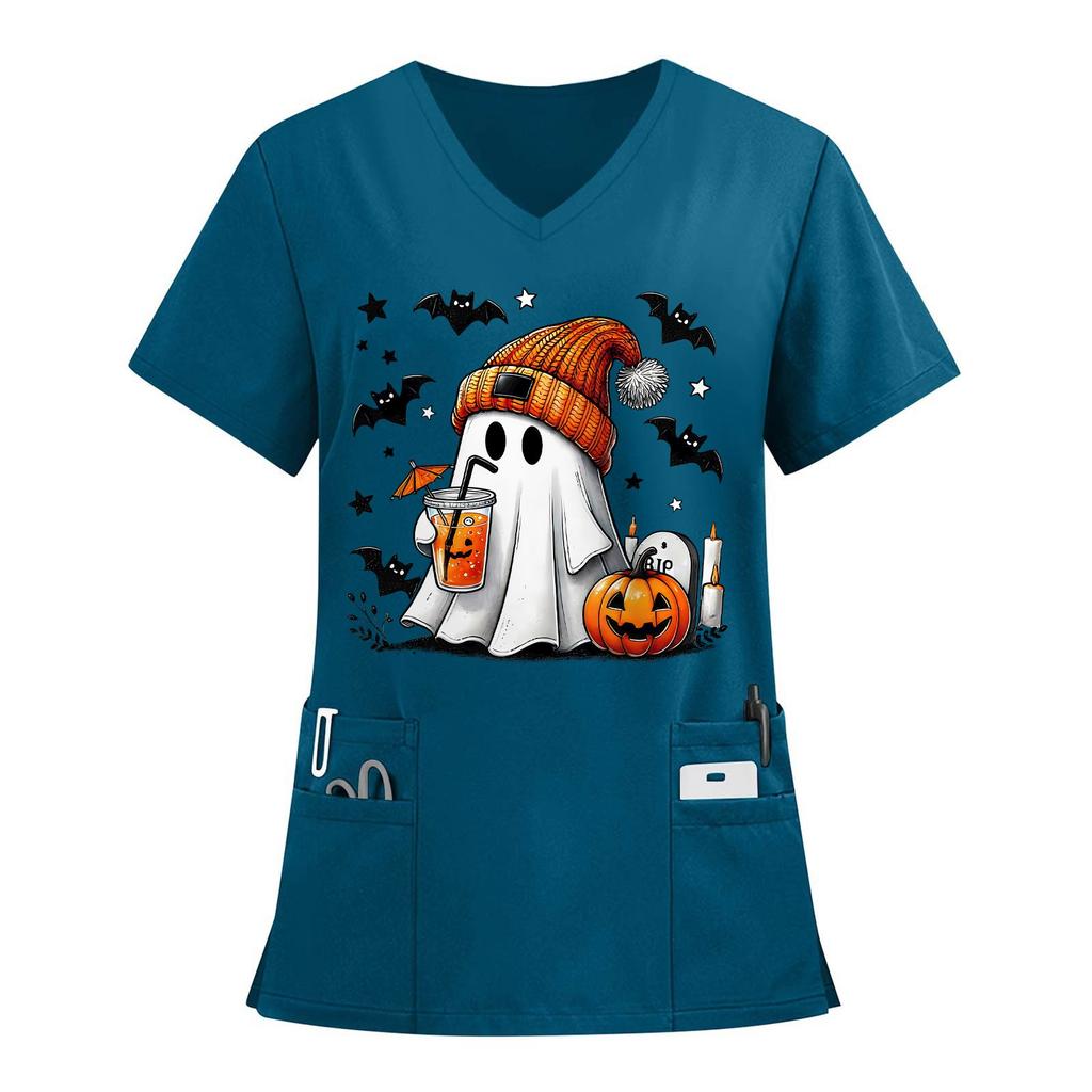 Women's V-neck Halloween Printed Short-sleeved Pocket Side-slit Protective Suit Top