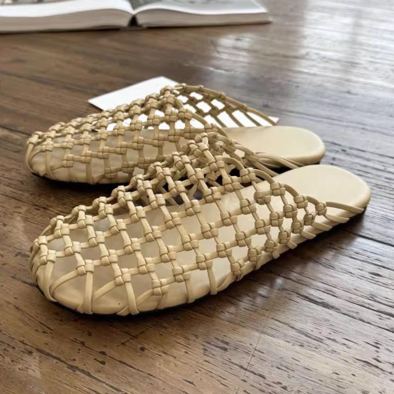 Sheepskin version~ hand-woven mesh breathable hollow fishing net flat bottom bag head half slippers women's summer wear Muller shoes