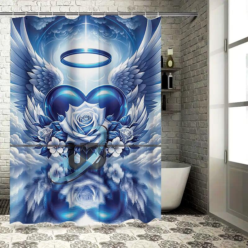 Blue Angel Wings and Heart Waterproof Shower Curtain Heat Resistant Machine Washable Non-Transparent 180x180cm