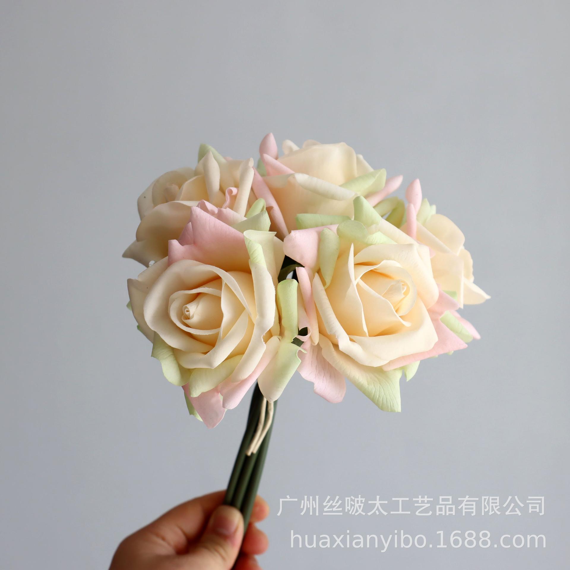 

High-end moisturizing feel simulation flower 5 heads crimped rose fake bouquet wedding hand holding moisture plastic decoration