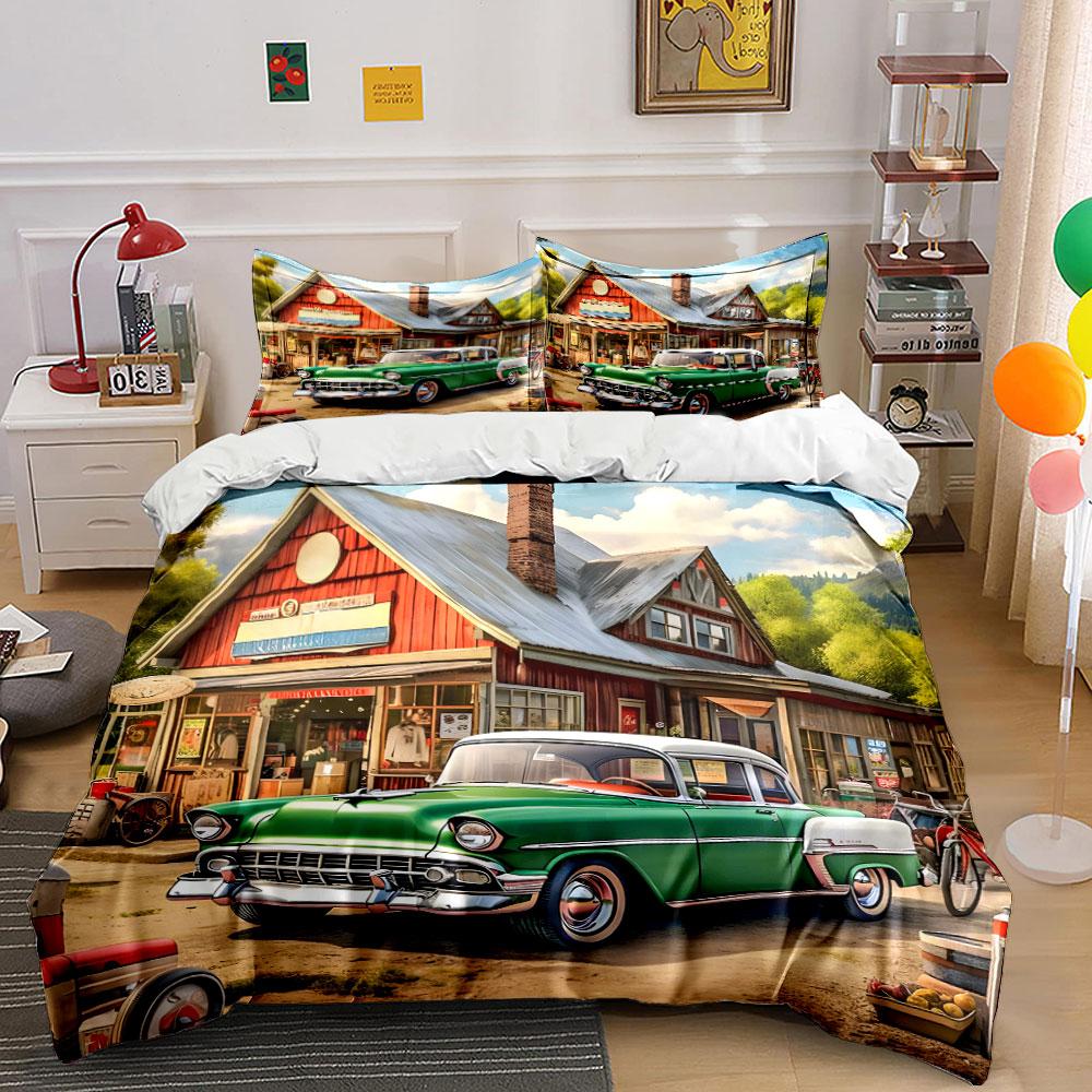Klassisches Oldtimer-Auto vor Landgeschäft Bettwäsche-Set 1 Bettbezug 2 Kissenbezüge für Erwachsene und Kinder Luxusgeschenk