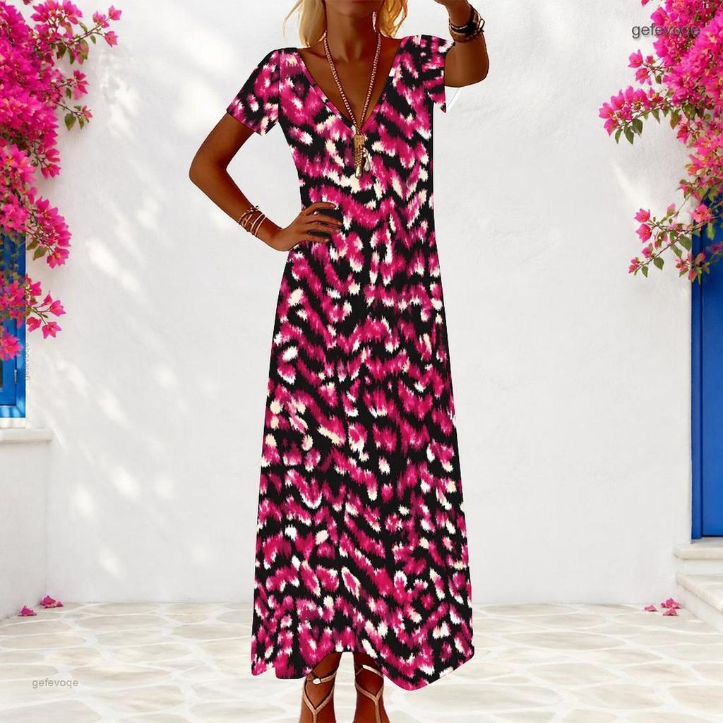 Women Plus Size V Neck Short Sleeve Printed Casual Maxi Dress