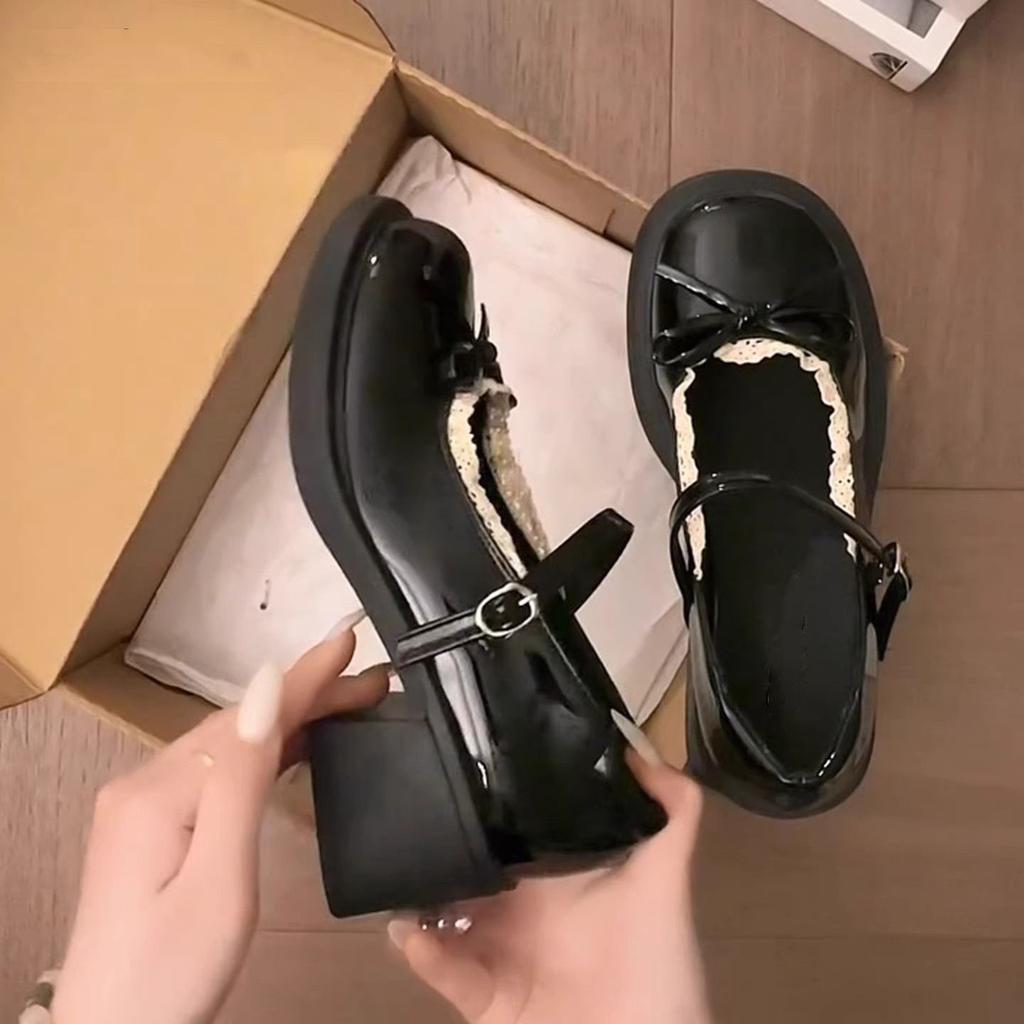French Bow Lace Thick Heel Mary Jane Shoes Women's 2025 Autumn New Versatile Light Mouth British Style Small Leather Shoes