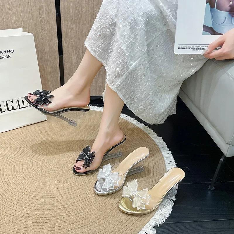 Fashion 2025 Summer Fashion High Heel Sandals for Women, Bow Bow, Slope Heel, Straight Line, Wearing Outside, Fairy Wind Cool Slippers