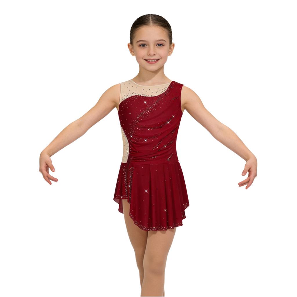 Kinder Gymnastik Schlittschuhlaufen Trikot Kleid Ärmellos Patchwork Strasssteine Raffung Netz Seiten Schlitz und Eingearbeitete Unterwäsche für Aufführung