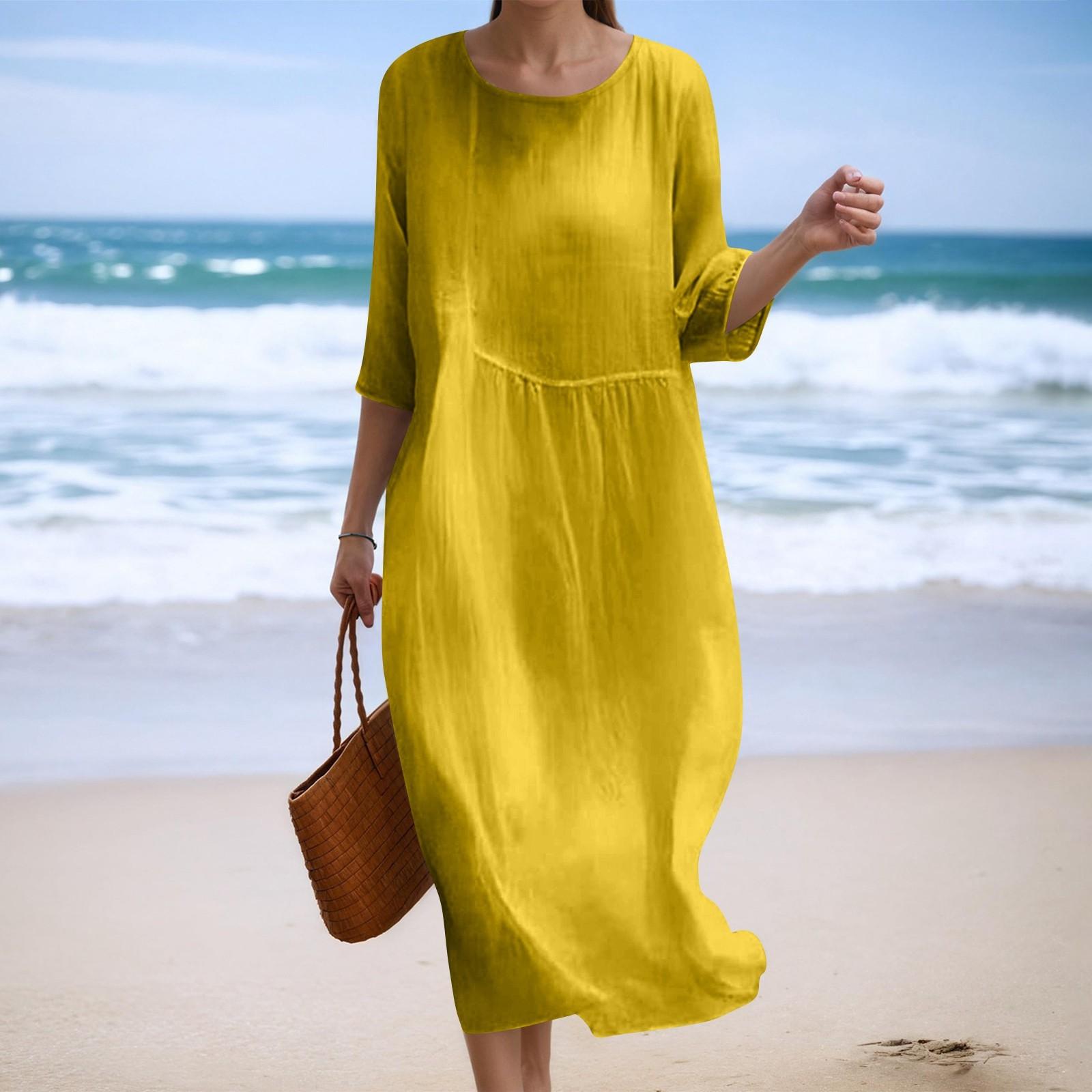 

Женское модное однотонное платье свободного кроя с круглым вырезом и рукавом три четверти XL жёлтый