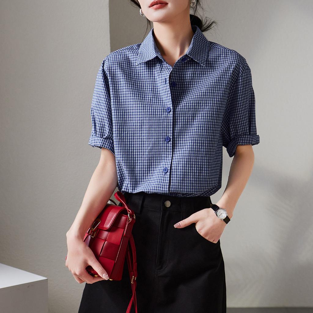 Plaid short sleeved shirt for women in 2026 summer, thin, loose, versatile and casual top