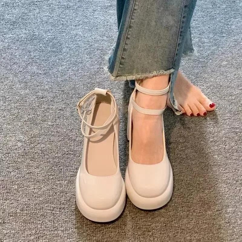 New Women's High Heels 2025 Spring Fashion Retro One Button Strap High Heels French Elegant Coarse Heels Single Shoes