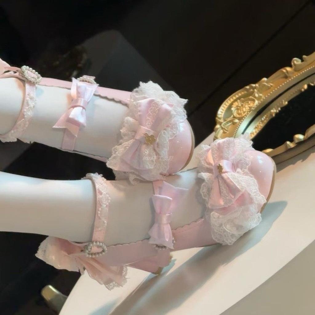 Sweet Girls Lolita Wedding Dress Kitten Heels Shoes Young Women Students Cute Sakura Lace Bowknots Princess Mary Janes Sandals