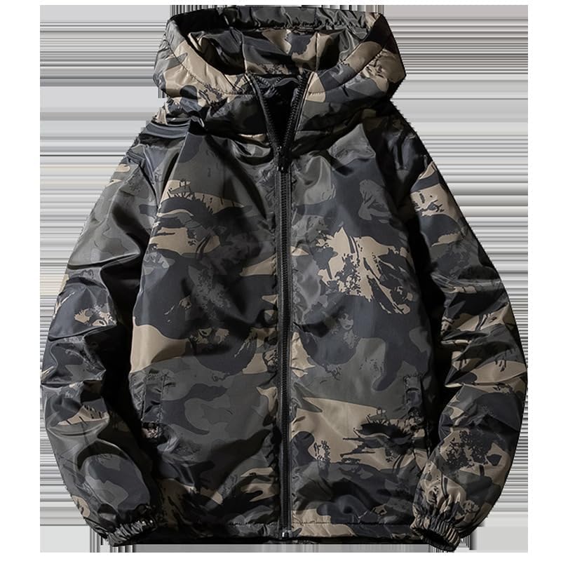 Aspersio Camouflage Long Military Warm Outerwear for Street American Military Mountain Nylon Outer Dark Green Zip-Up Hoodie, Sleeve, Hooded, Style,