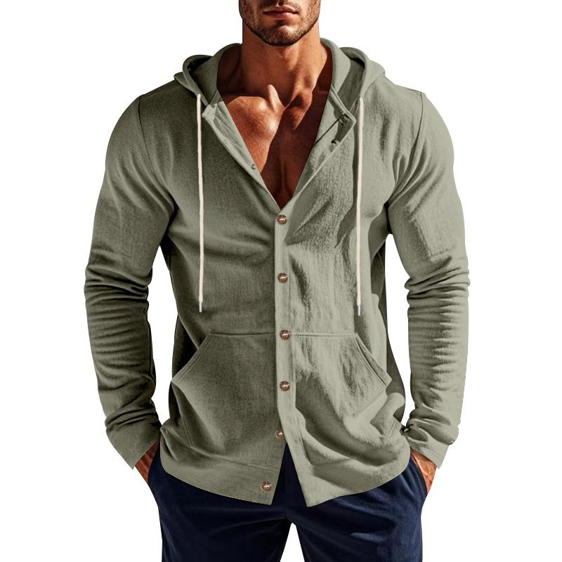 Cárdigan con capucha y cordón para hombre, cierre de botones al frente, manga larga, bolsillo, sudadera casual