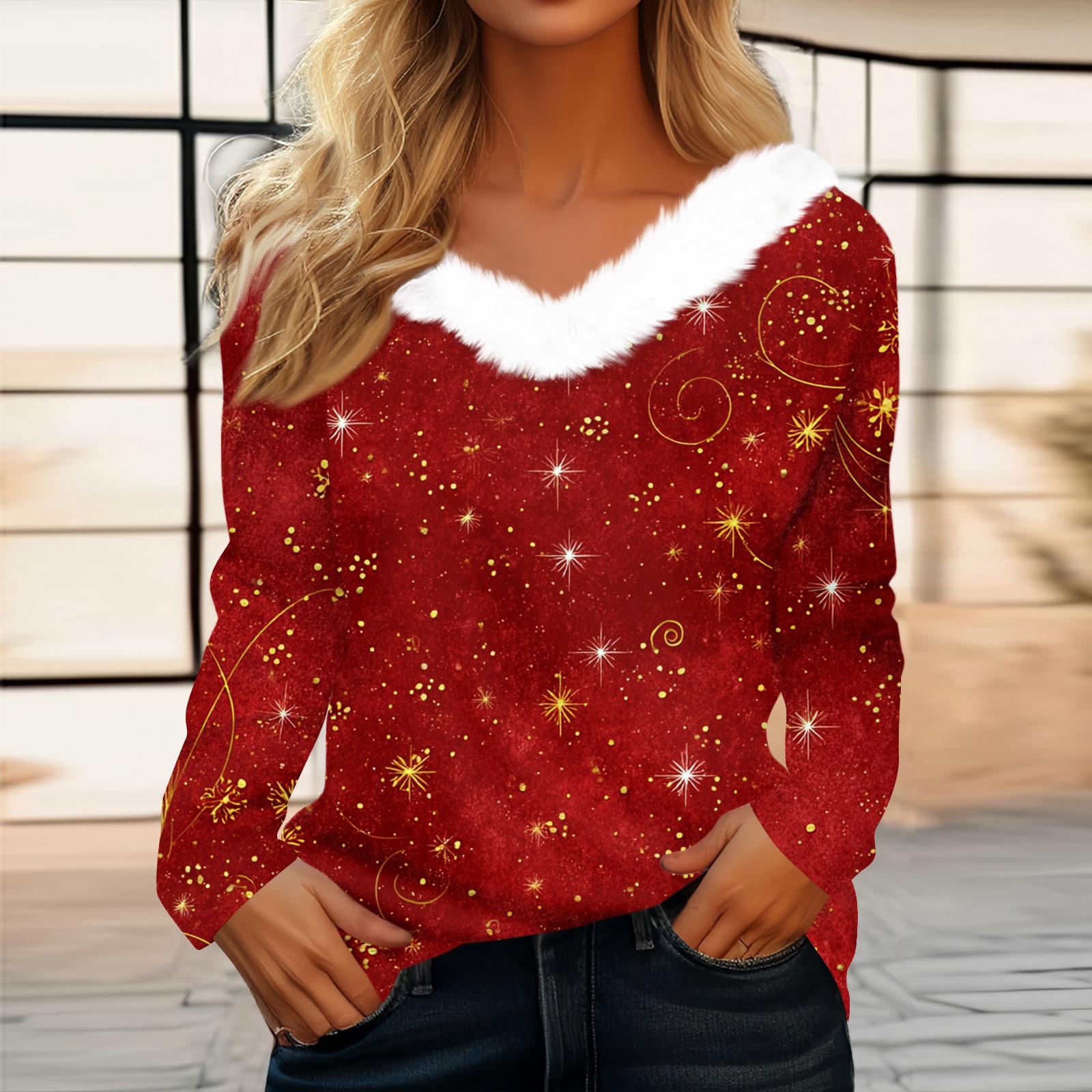 

Женская футболка с рождественским принтом, вечерние рубашки с длинным рукавом, рождественский флисовый воротник, топ с v-образным вырезом S киноварь