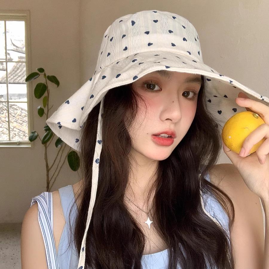 Cute Love Lace-up Bucket Hat Women's Summer Thin Breathable Big Brim Sunscreen Basin Hat Shows Small Face