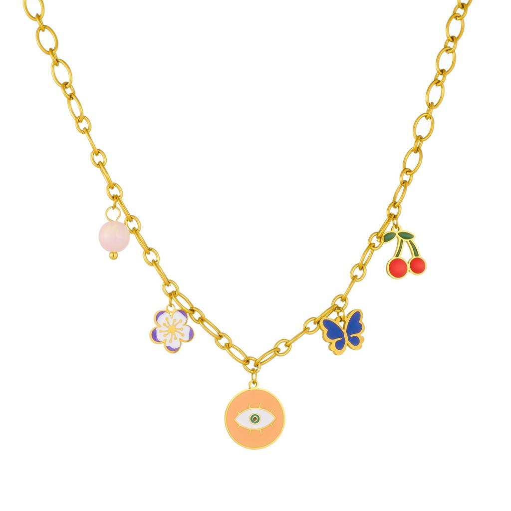 316L Stainless Steel Personalized Eye Colorful Flower Butterfly Cherry Pendant Necklace Women Waterproof Jewelry Gift
