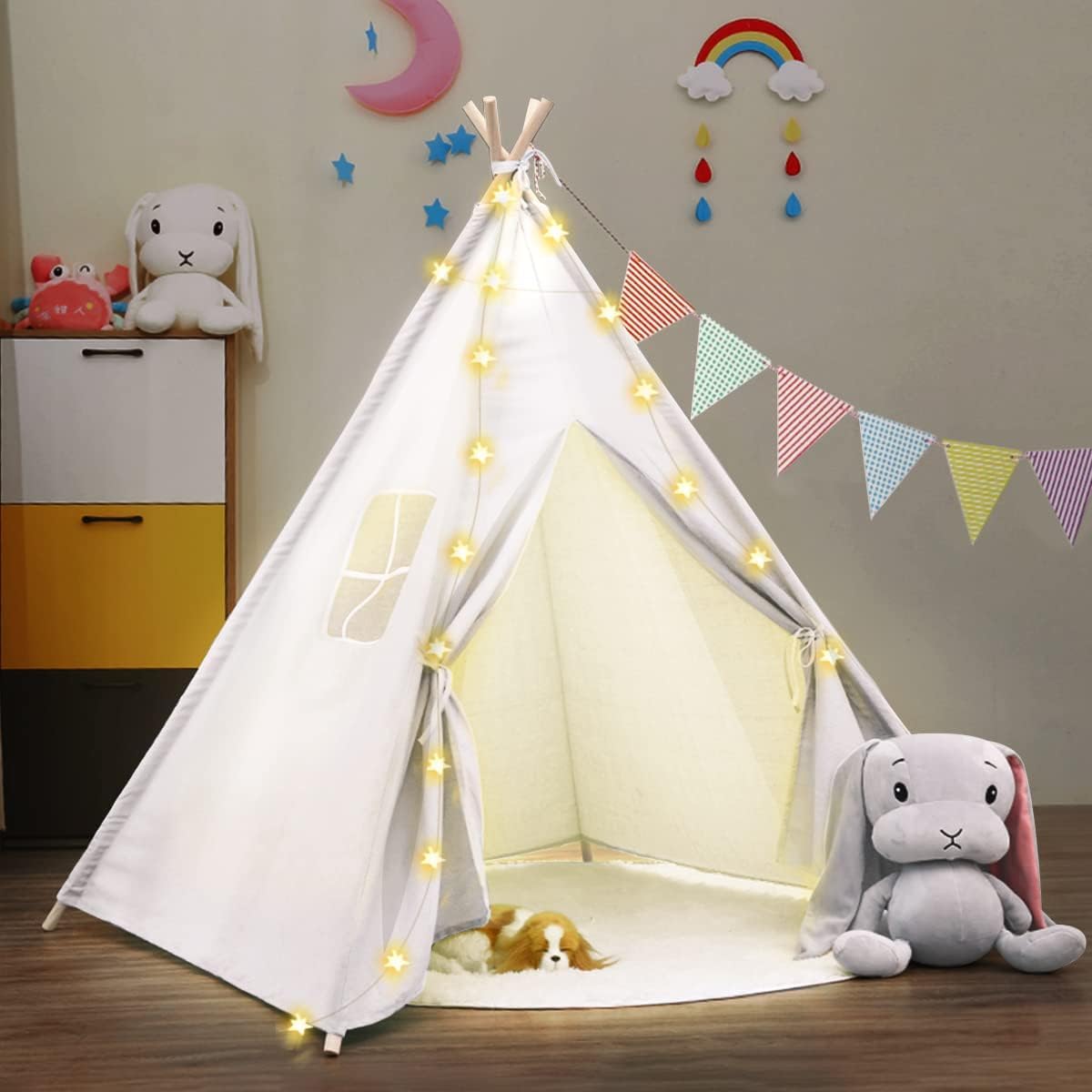 FRMARCH Kids  Tent, Includes Triangular Flag and LED Starlights. Kids  Teepee Tent, Toy, Indoor Tent, Foldable, Kids  Secret Base, Easy Assembly, Gift